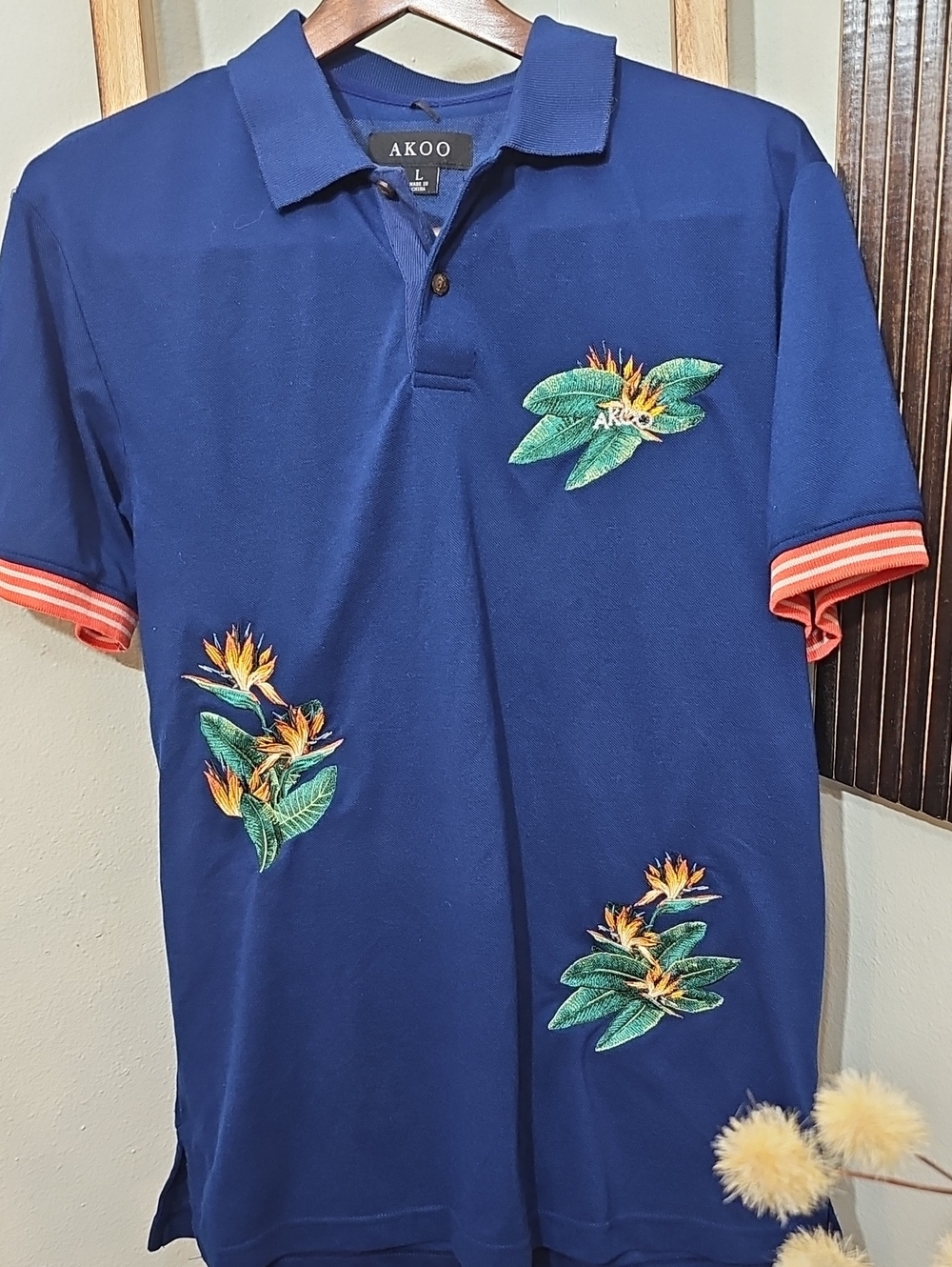 AKOO Men’s Navy Blue Floral Embroidered Polo Shirt